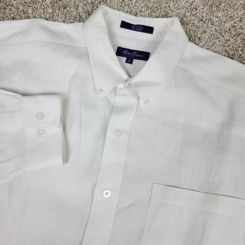 Alan Flusser Mens XL Solid White Button Down Long Sleeve 100% Linen